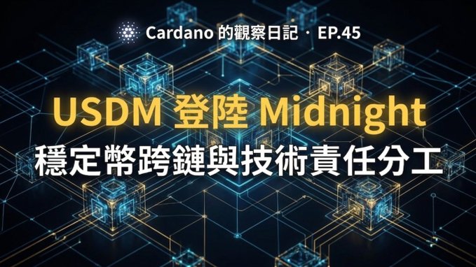 A digital graphic features Chinese text reading "Cardano 的觀察日記 · EP.45" and "USDM 登陸 Midnight 穩定幣跨鏈與技術責任分工" over a background of glowing blue cubes connected by lines.