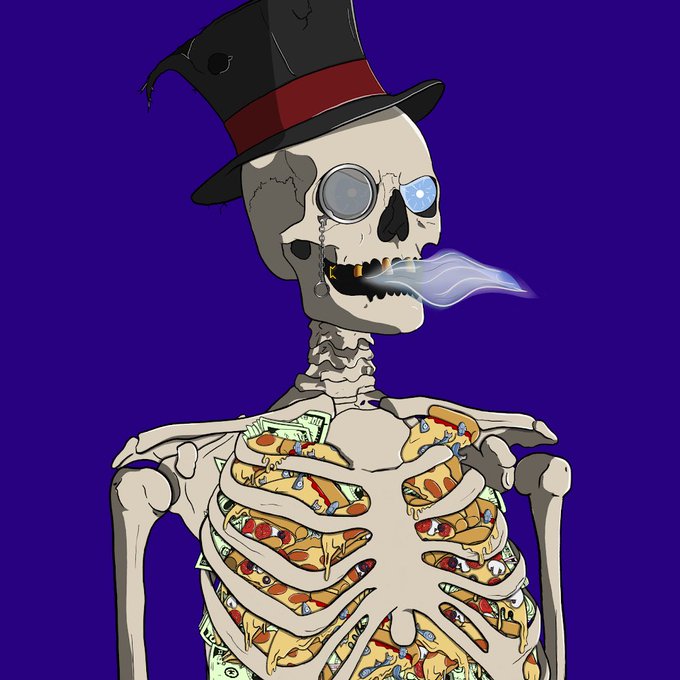 A digital illustration of a skeleton wearing a black top hat with a red band, exhaling blue smoke, with its ribcage filled with various foods including pizza, hot dogs, sushi, and money, set against a purple background.