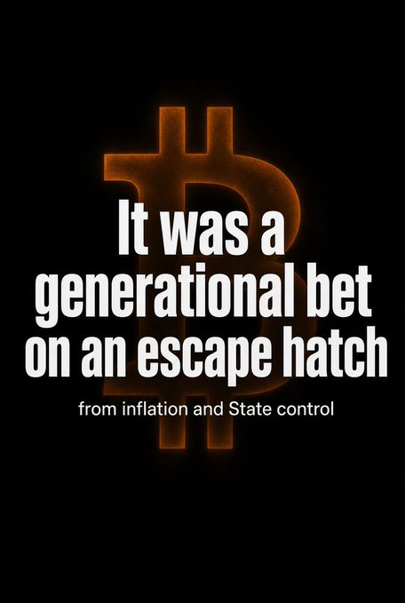 A graphic with a glowing Bitcoin logo in the background displays the text 'It was a generational bet on an escape hatch from inflation and State control'.
