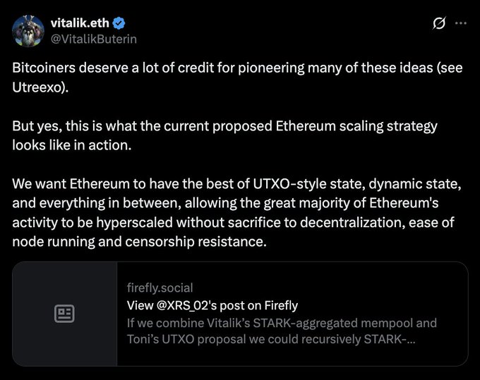 A screenshot of a tweet from Vitalik Buterin (@VitalikButerin) praising Bitcoiners for pioneering ideas like Utreexo, while explaining that Ethereum's scaling strategy aims to combine UTXO-style state with dynamic state to enable hyperscaling without sacrificing decentralization.