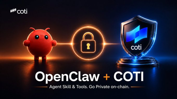The image features a poster with two cartoon characters, one red and one blue, standing next to each other against a dark background. The poster also includes text that reads "OPENCLAW + COTI" and "AGENT SKILL & TOOLS. GO PRIVATE ON-CHAIN. GO PRIVATE ON-CHAIN. ALL POWERS. Encrypted messaging. On-chain rewards." This suggests that the image is promoting a product or service related to OpenClaw, which is an open-source AI agent with 100k+ GitHub stars and an on-chain rewards system. The poster aims to attract attention by showcasing the capabilities of the OpenClaw agent while emphasizing its privacy features.