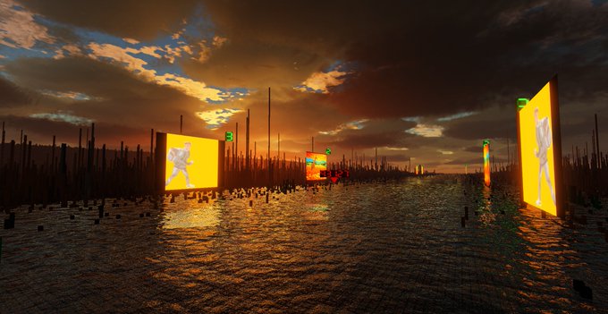 A surreal landscape at sunset featuring large illuminated billboards displaying figures, set against a reflective water surface with silhouetted structures and dramatic clouds.