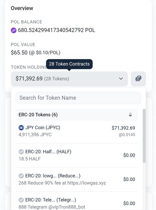 A screenshot of a cryptocurrency wallet displays a POL balance of 680.524299417340542792 POL valued at $65.50, holding 28 tokens including JPY Coin (JPYC) worth $71,392.69.
