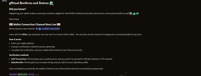 A Discord announcement from pRitual addressing 'Brethren and Sistren' about a new Wallet Connection Channel, explaining verification methods and the Miety role requirement.