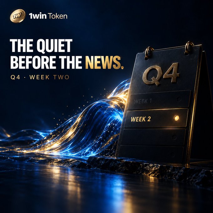 Dark promotional graphic for '1win Token' titled 'THE QUIET BEFORE THE NEWS' for 'Q4 · WEEK TWO', featuring a stylized calendar/notepad display with flowing blue and gold liquid effects.