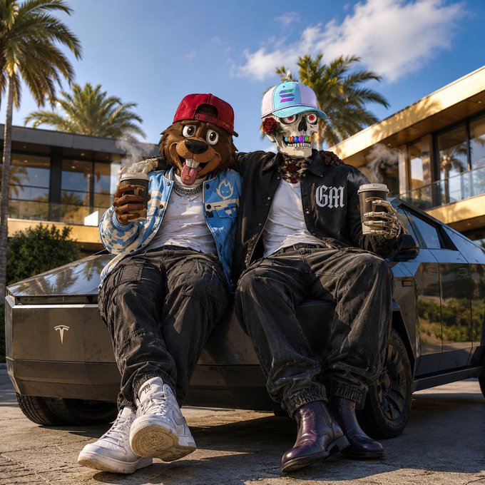 Two anthropomorphic characters — a dog mascot in a blue cap and a skeletal figure in a pink and blue cap — sit on the hood of a black Tesla Cybertruck, holding coffee cups in front of a modern building with palm trees.