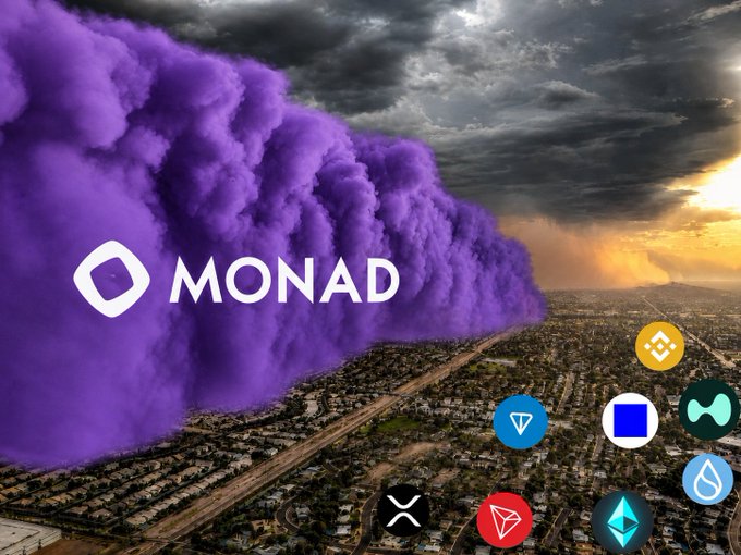 A promotional graphic for the 'MONAD' blockchain network, featuring a massive purple cloud over a city landscape with various cryptocurrency logos like XRP and EOS.