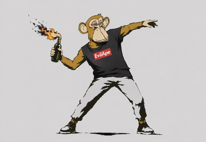 A cartoon monkey wearing a black t-shirt with "EvilApe" text, a gold chain, and gray pants holds a flaming bottle in one hand while pointing with the other.