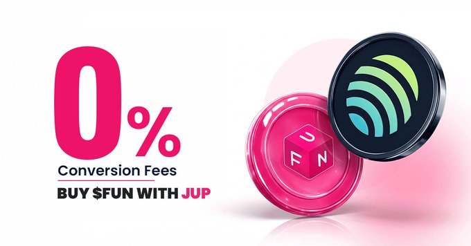 A promotional graphic advertising '0% Conversion Fees - BUY $FUN WITH JUP' featuring pink 3D-rendered tokens with $FUN and JUP branding.