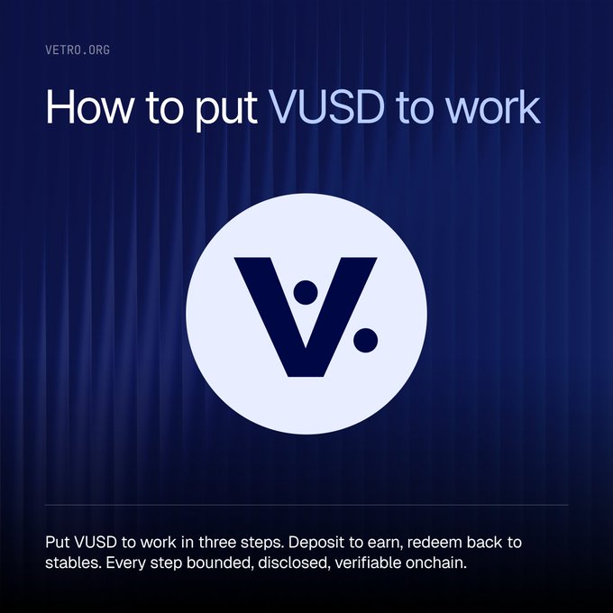 A dark blue VETRO.org graphic titled 'How to put VUSD to work' featuring the V. logo and explaining that users can 'Deposit to earn, redeem back to stables' in three steps.