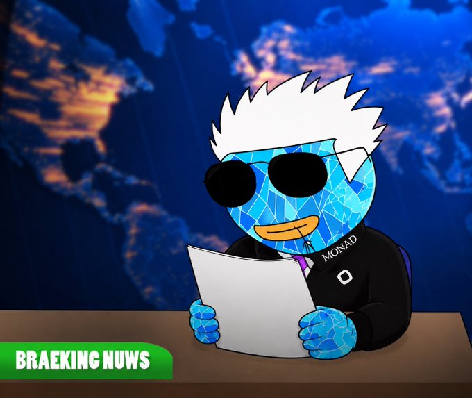 A cartoon mascot with sunglasses and a 'MONAD' suit reading a paper at a news desk with a 'BRAEKING NUWS' banner.
