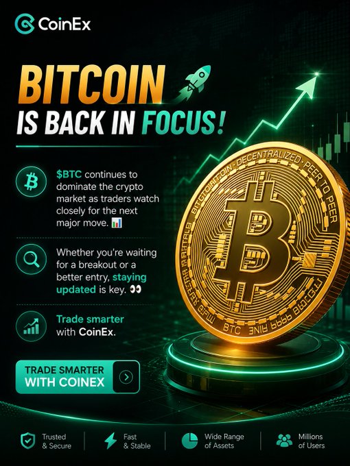 A CoinEx promotional advertisement declares 'BITCOIN IS BACK IN FOCUS!' alongside a 3D gold Bitcoin coin and details about $BTC market dominance.