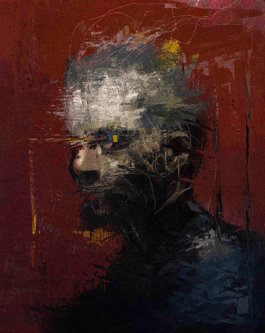 A dark, expressionistic painting of a distorted face or skull-like figure in muted grays and whites, set against a deep reddish-brown background with a single yellow vertical accent.
