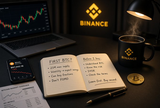 A desk setup with a laptop displaying Bitcoin's price chart, a notebook titled "First BTC?" listing preparation tips like "21M max supply," "Volatility → expect swings," and "Don't FOMO," alongside a phone showing a Bitcoin balance of $67,342.18, a Binance mug, and a gold Bitcoin coin. The handwritten notes and Binance branding visually echo the post's message that the mental preparation—understanding supply, risk, and resisting FOMO—is the real challenge before making a first Bitcoin purchase.