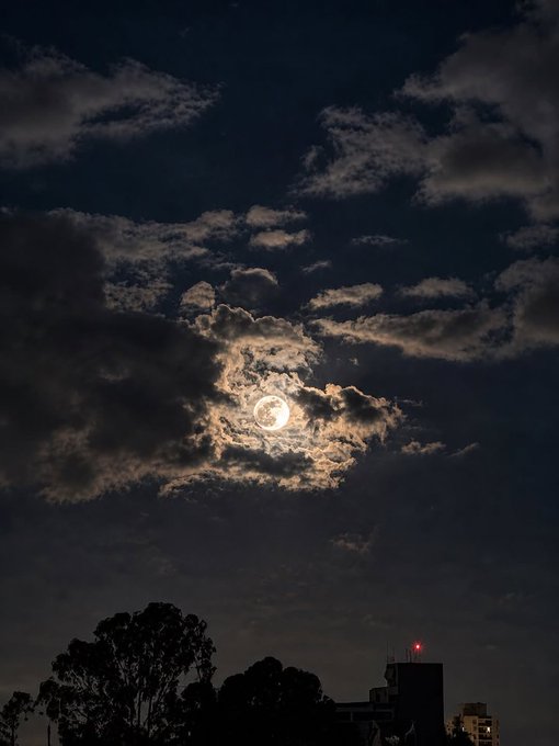 A bright full moon glows behind scattered clouds in the night sky, silhouetting treetops and a building with a red warning light below, capturing the serene beauty referenced in the "Perfect moon" caption.