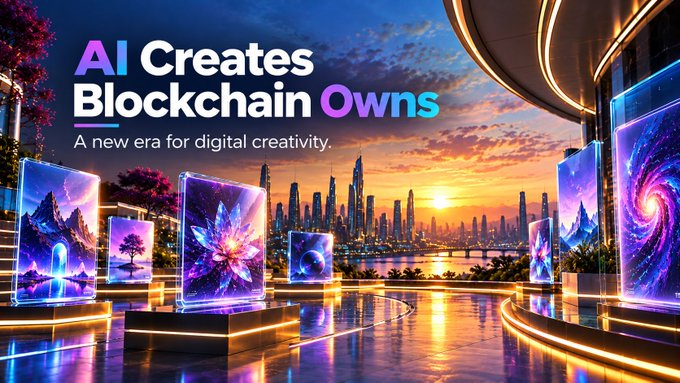 A vibrant banner reading 'AI Creates Blockchain Owns - A new era for digital creativity' shows a futuristic city skyline at sunset with illuminated display screens showing various AI-generated images.