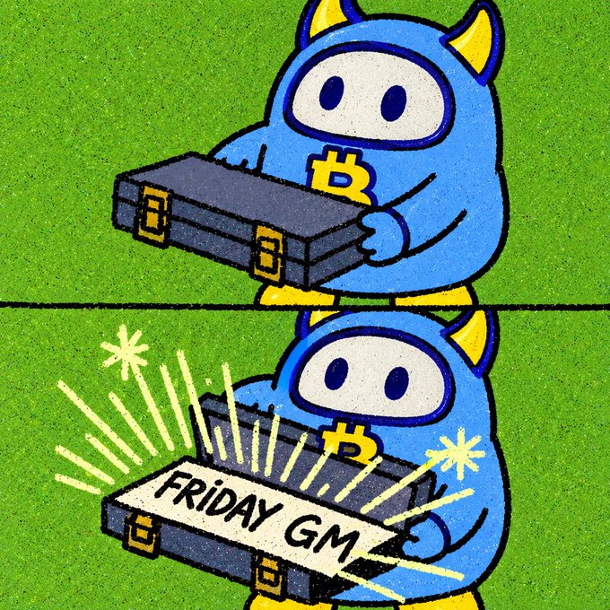 A two-panel cartoon showing a blue mascot character holding a briefcase, which then opens to reveal 'FRIDAY GM' written on a banner inside.