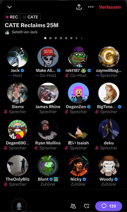 A screenshot of a Twitter Space titled "CATE Reclaims 25M" hosted by Jack with 139 listeners, featuring speakers including Make Ali, Sierra, James Rhine, DegenZen, BigTime, Degen690, Ryan Mullins, Isaiah, and deku, promoting the $CATE token as a genuine community-driven project amid a saturated meme coin market.