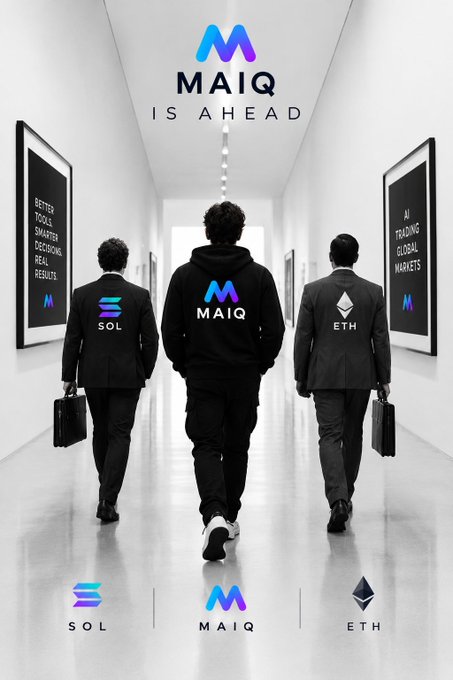 A promotional graphic featuring the MAIQ logo with the slogan 'IS AHEAD', showing three men in suits walking down a hallway, with their jackets displaying MAIQ, SOL, and ETH logos.