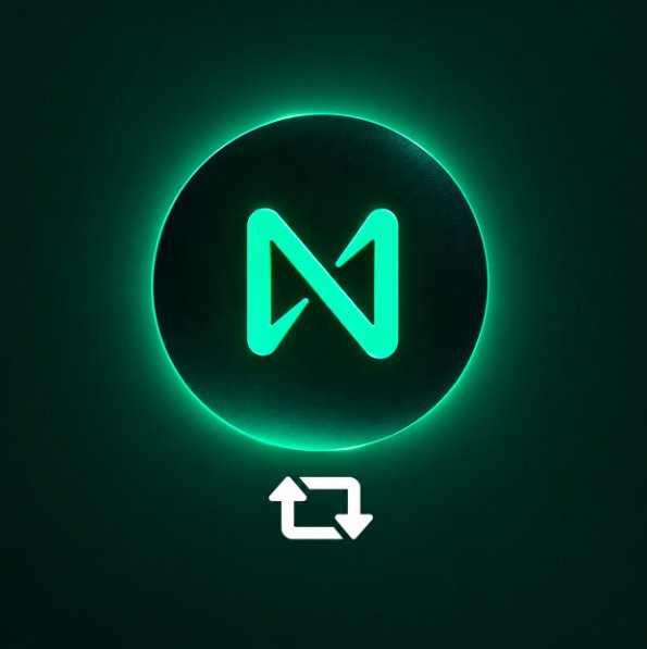 A Near Protocol (NEAR) logo featuring a stylized 'N' inside a dark circle with a green neon glow, accompanied by a repeat/repost icon below.