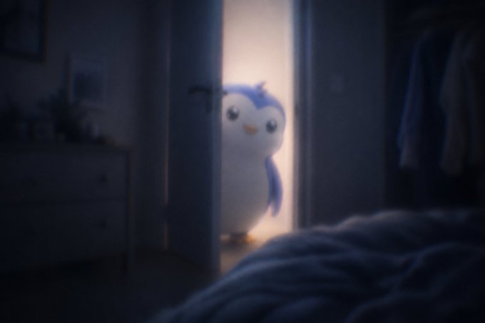 A small blue and white cartoon penguin peeks through a partially open doorway into a dimly lit bedroom.