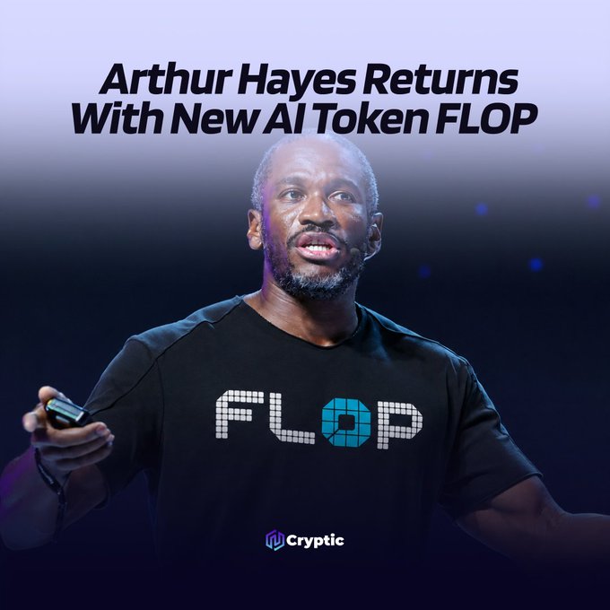 A promotional image shows Arthur Hayes ("CryptoHayes") wearing a black t-shirt featuring the pixelated "FLOP" logo, standing on stage with a presentation clicker. The headline reads "Arthur Hayes Returns With New AI Token FLOP," aligning with the announcement that Hayes is leading the AI-focused crypto project @flop_labs and its native $FLOP token, with an airdrop planned for Q4 2026.