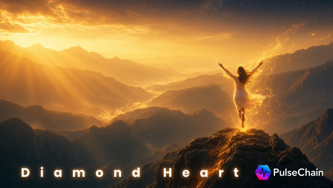 A digital artwork titled 'Diamond Heart' featuring a glowing figure with arms raised on a mountain peak at sunset, with the PulseChain logo displayed.