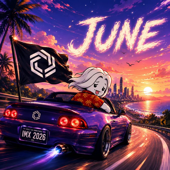 A vibrant anime-style illustration features a chibi character with white hair and a Hawaiian shirt driving a purple convertible along a coastal highway at sunset, with a black flag bearing the Immutable logo flying from the car and the word "JUNE" blazing across the sky. The license plate reads "IMX 2026," tying into the post about Immutable's June ecosystem milestones including the Voxie Tactics campaign, Pocket Legion launch, and IMX rewards on Immutable Play.