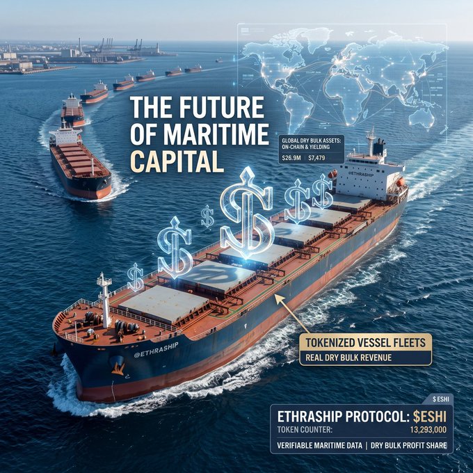 A promotional graphic titled 'THE FUTURE OF MARITIME CAPITAL' features cargo ships at sea overlaid with dollar signs and holographic displays, advertising 'ETHRASHIP PROTOCOL: $ESHI' with a token counter of 13,293,000.