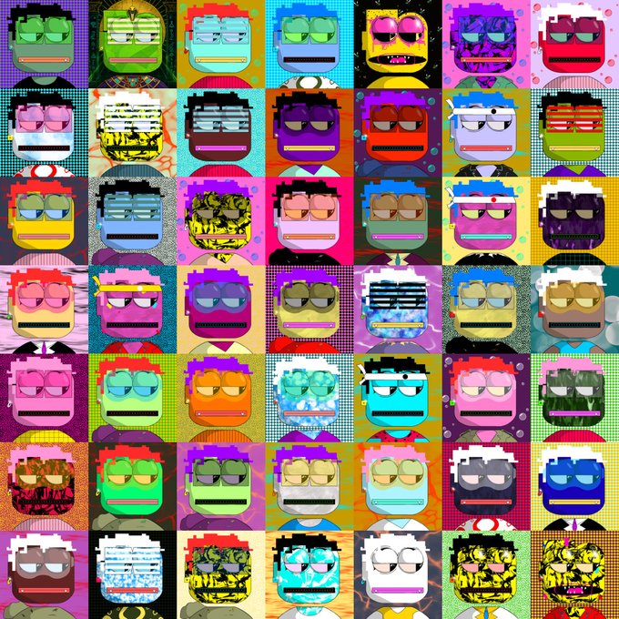 A colorful pop-art style grid featuring multiple cartoon character faces with sunglasses and various textures and bright colors.