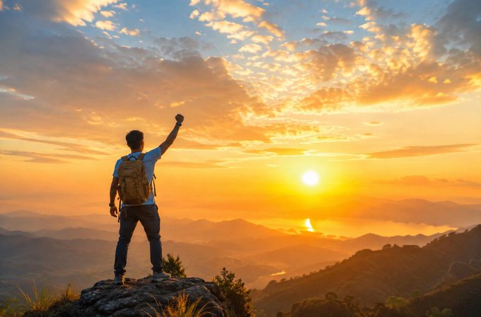 A hiker with a backpack stands triumphantly atop a rocky outcrop, raising one fist toward a vibrant sunset sky filled with orange and blue clouds over distant mountain ranges.