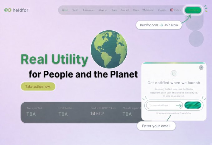 A website screenshot for 'heldfor' featuring the headline 'Real Utility for People and the Planet' with an Earth graphic, a 'Join now' button, and a notification signup form asking 'Get notified when we launch' to collect email addresses.
