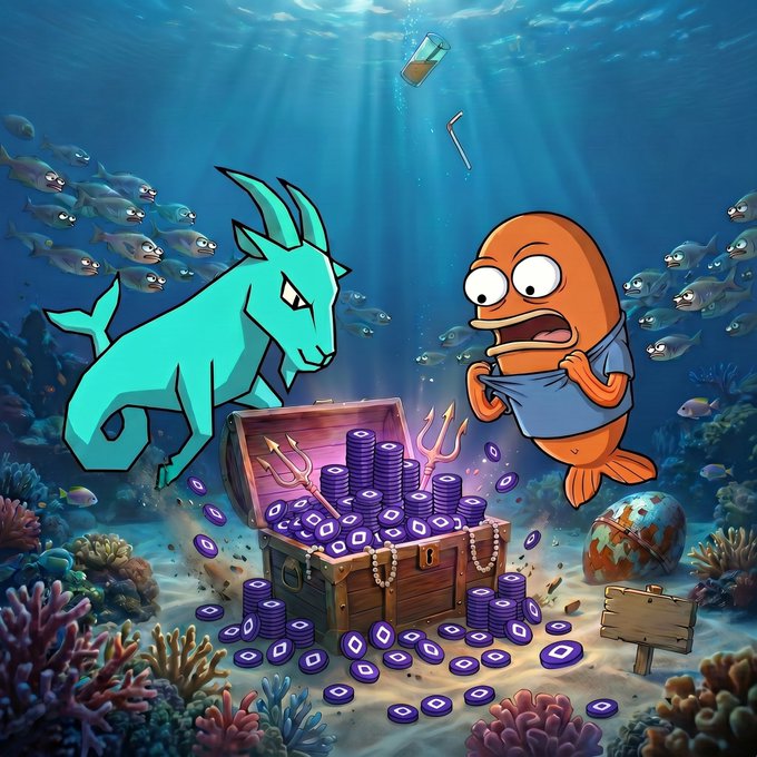 This image is a digital art piece depicting two characters, a goat and an orange fish (or carp), interacting with goldfish who are swimming around them. The goat appears angry while the fish seems confused or scared by its actions. A treasure chest filled with goldfish coins is placed in the center of this underwater scene.

The post suggests that Bobs can provide liquidity to the players and reward them more if they help Bob find a particular coin in the chest, which may be related to an ongoing quest or achievement. This implies that the characters might have some kind of virtual currency system where their actions or interactions contribute to the monetary rewards available through the treasure chest.