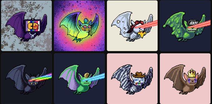 A grid of eight pixel-art style bat or monster characters with colorful wings, some shooting lasers from their eyes, against various colored backgrounds.