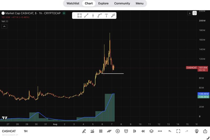 A TradingView chart for CASHCAT (Market Cap CASHCAT) showing a peak around 180M before a sharp decline, with the current value at 101.8M.