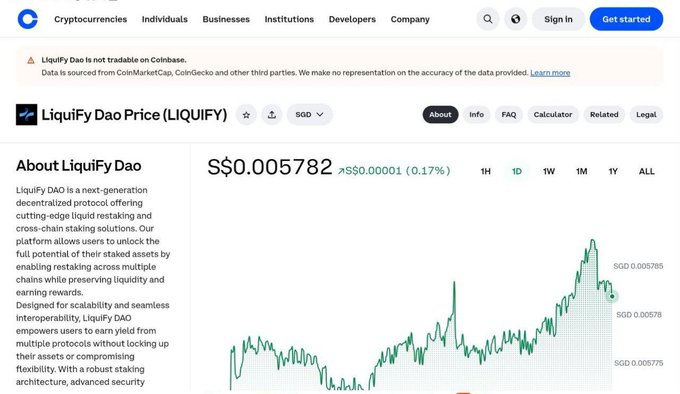 Cryptocurrency price webpage for Liquify Dao (LIQUIFY) showing a price of S$0.005782 with a green line chart of price history, noting that Liquify Dao is not tradable on Coinbase.