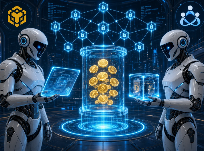Two humanoid robots hold glowing digital interfaces beside a cylindrical chamber filled with golden tokens under a network of padlock icons, symbolizing secure on-chain transactions. The image visualizes @termix_ai's vision of an autonomous commerce network where AI agents can safely exchange value and pay each other for services, with logos suggesting BNB Chain and AgentFamily as key components.