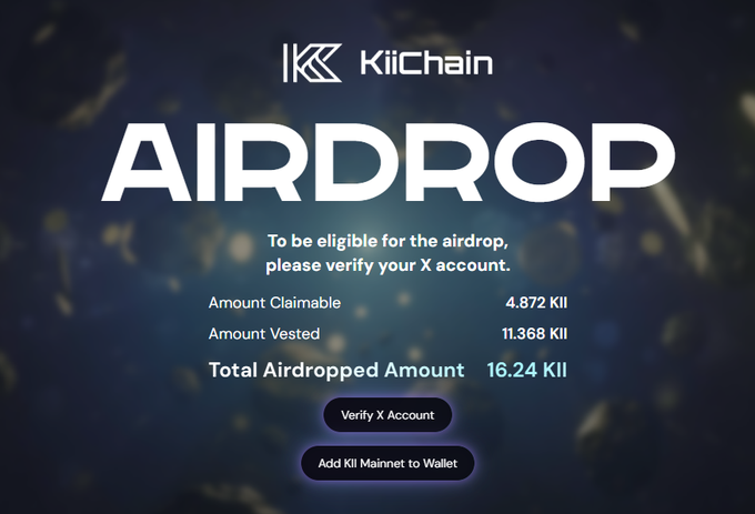 A KiiChain airdrop page showing 4.872 KII claimable and 11.368 KII vested for a total of 16.24 KII, prompting users to verify their X account and add KII Mainnet to wallet.