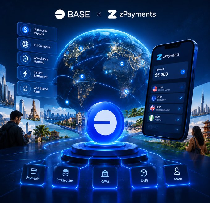 A promotional graphic for 'BASE x zPayments' showing a glowing blue globe, a smartphone displaying a $5,000 payout interface with USD/EUR/GBP/NGN currencies, and feature icons for Stablecoin Payouts, 171 Countries, Compliance Handled, and Instant Settlement.