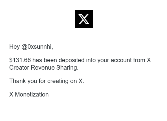 An X monetization notification screenshot addressed to @0xsunhi, stating '$131.66 has been deposited into your account from X Creator Revenue Sharing.'