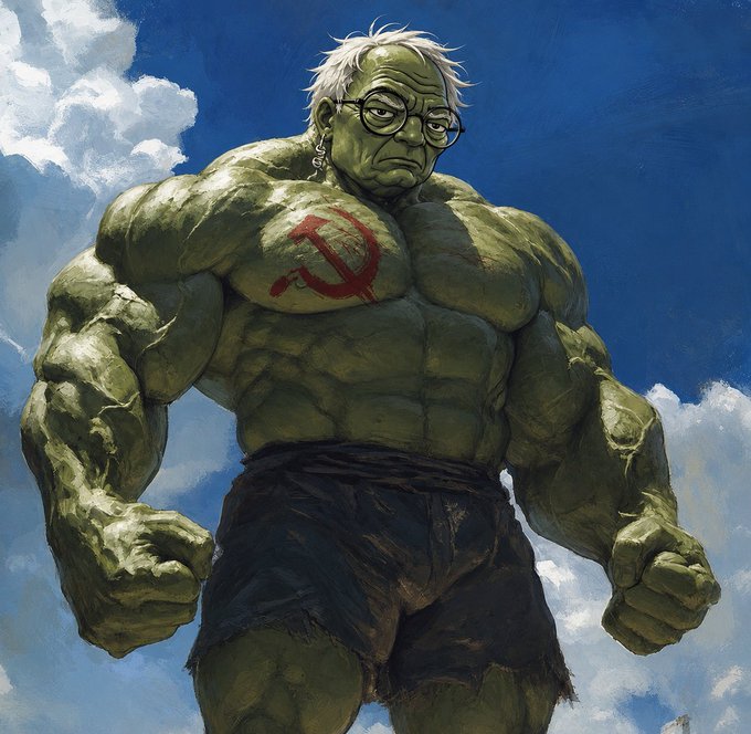 A digital painting of an elderly, muscular Hulk-like figure with white hair, glasses, and a hammer-and-sickle symbol on his chest, wearing torn dark shorts against a cloudy blue sky.