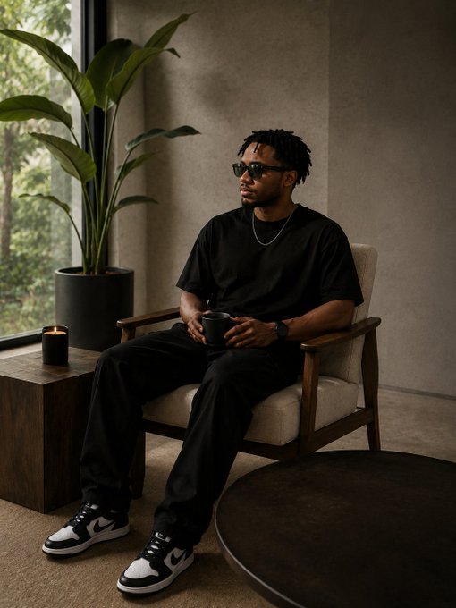 A stylish man wearing sunglasses, a black t-shirt, and black pants with black and white sneakers, sitting in a wooden chair holding a mug in a modern, minimalist room with a large potted plant.