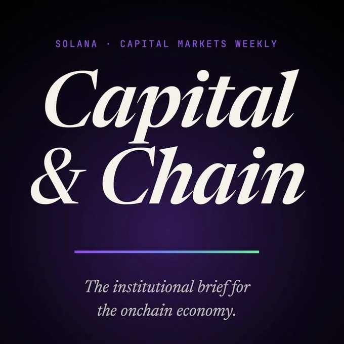 Cover graphic for 'Capital & Chain,' the Solana Capital Markets Weekly institutional brief for the onchain economy, featuring elegant white serif typography on a dark purple background.