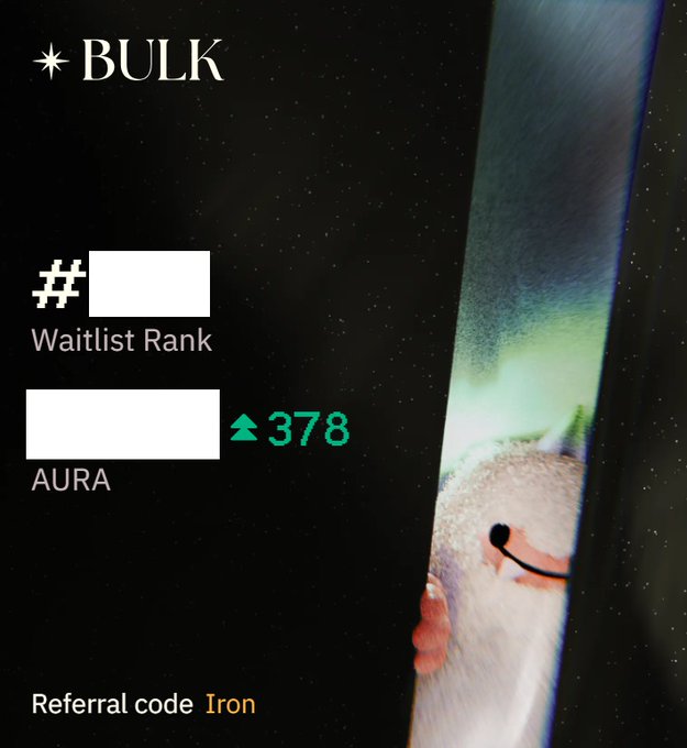 The image is a promotional graphic for Bulk, displaying a waitlist rank and an AURA counter showing an increase of 378, alongside a referral code "Iron." It encourages users to use the code to boost their AURA and move up the Bulk mainnet waitlist, aligning with the post's message about auramaxxing.