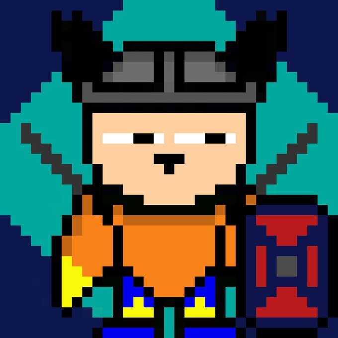 A pixel art character with teal hair, black horns, goggles, and an orange outfit, holding a red and black mechanical object against a dark blue background.