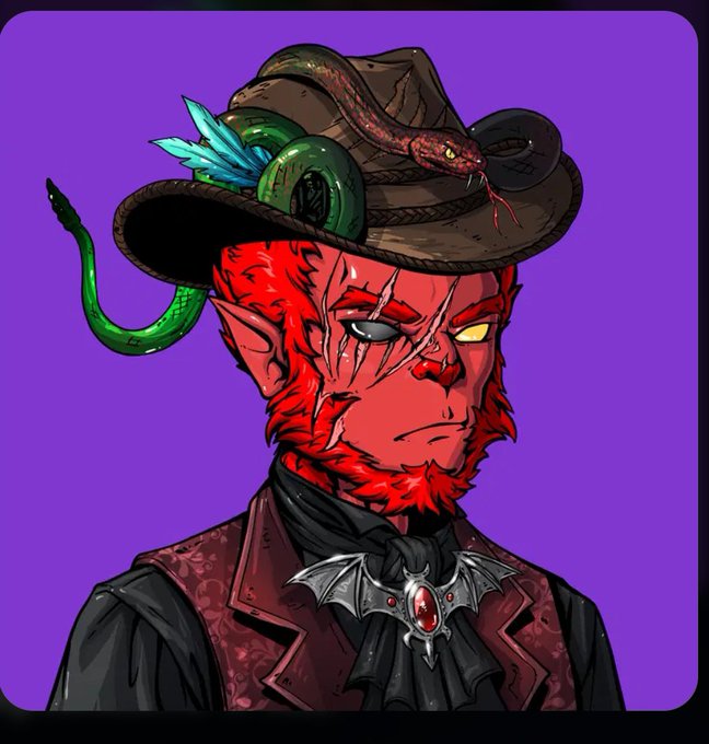 A digital illustration of a red-skinned demon character with pointed ears, a beard, and a brown hat adorned with a green snake, set against a purple background.