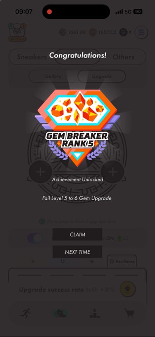 The image shows an app screen with a message about a Gem Breaker Ranker game, which has been updated. The text indicates that the game has been updated, and there are new badges added to the collection. The user's score has increased by 5 points, and they have achieved a new rank of 4 out of 6. The post also mentions that the next update is scheduled for later in the day.