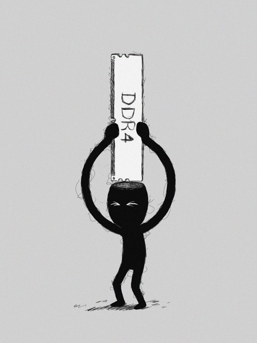 A simple black and white drawing of a smiling figure with arms raised, holding up a RAM stick labeled 'DDR4'.
