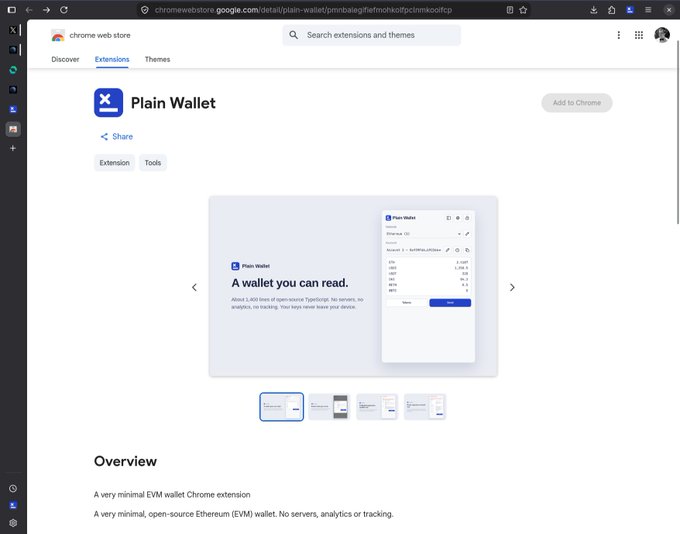 A Chrome Web Store page for 'Plain Wallet' extension, described as 'A wallet you can read.' and 'A very minimal EVM wallet Chrome extension'.