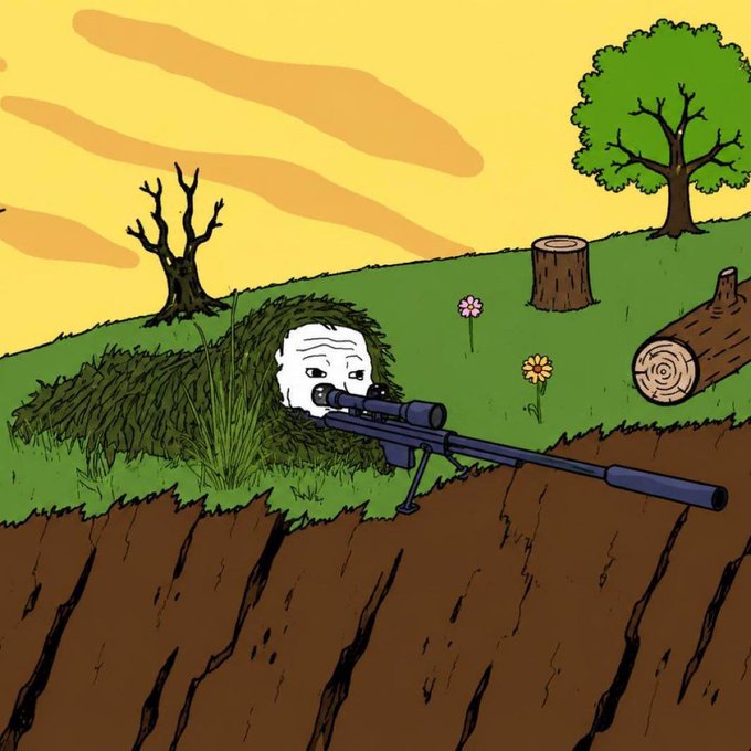 A Wojak (doomer) meme character is camouflaged in bushes on a hillside, peering through a sniper rifle scope with a barbed stock, set against a cartoon landscape with a tree, tree stump, flowers, and dead tree under a yellow sky. The image humorously illustrates the crypto trader's post about "securing" their $Wojak token holdings by aggressively defending them and refusing to sell, "buying high" instead.